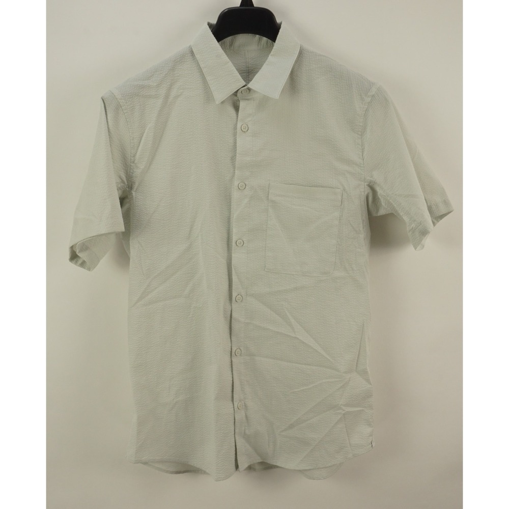Lululemon Mens Large Off-White Short Sleeve Button Up Hidden Pocket Seersucker